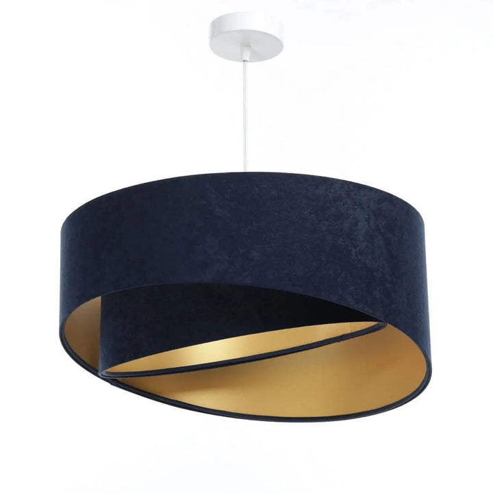 Suspension luminaire bleu marine en velours avec intérieur doré et fixation plafond blanc galactic auric