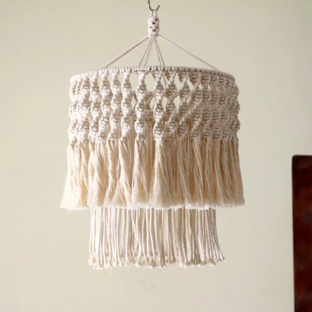Luminaire plafonnier oreva suspension luminaire bohème en macramé crème avec matières naturelles et pampilles en couches