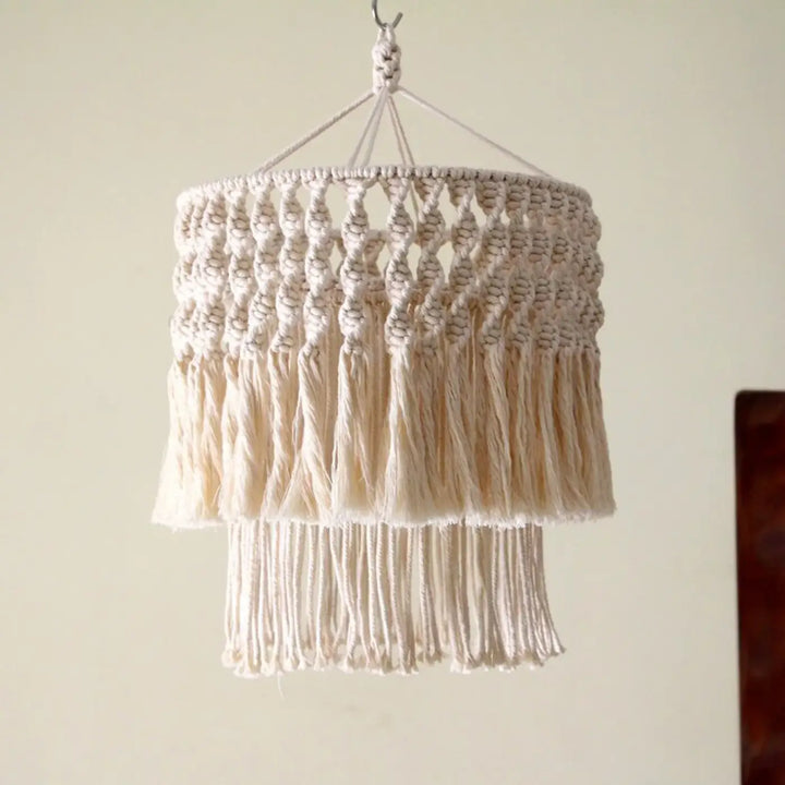 Luminaire plafonnier oreva suspension luminaire bohème en macramé crème avec matières naturelles et pampilles en couches