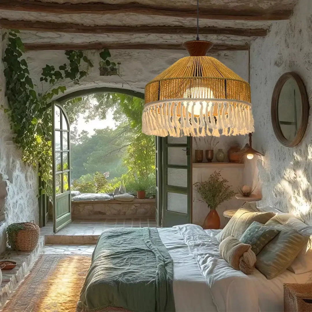 Suspension luminaire bohème en rotin naturel avec franges chic