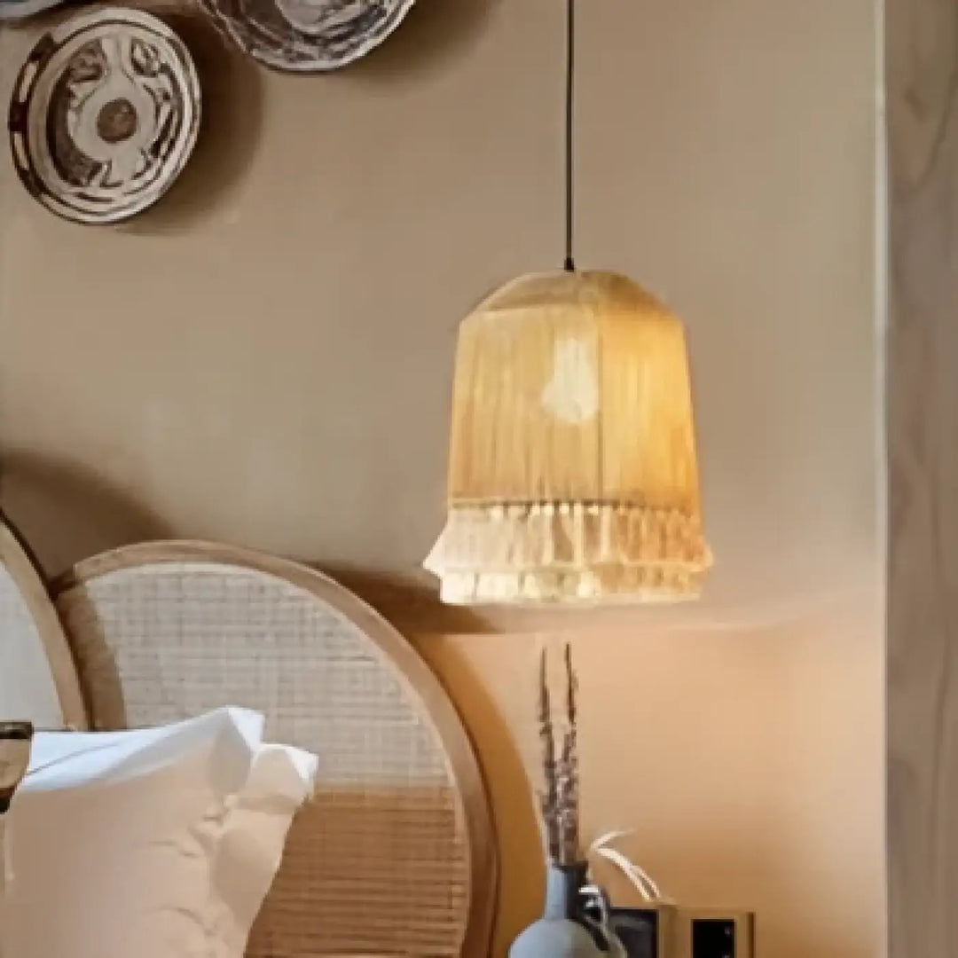 Suspension luminaire calista en osier tissé chaud avec base à franges style luminaire bohème