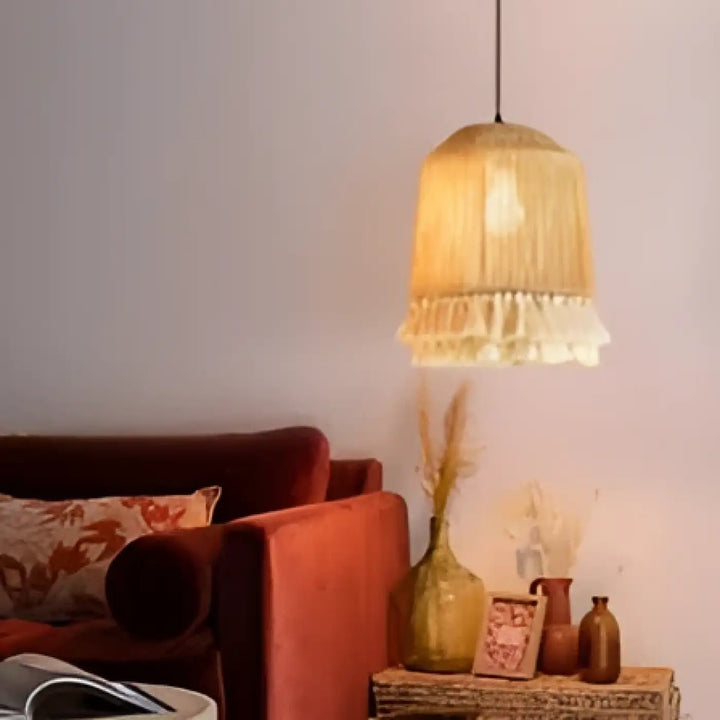 Suspension luminaire calista en tissu tissé chaud avec abat-jour texturé à franges style luminaire bohème