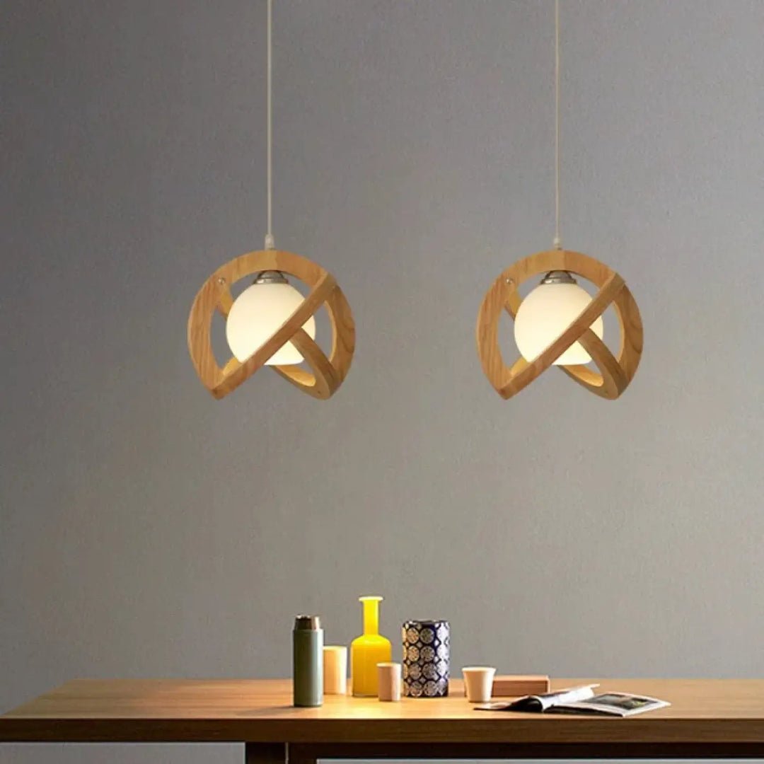 Suspension luminaire noelia avec tressage artisanal en bois clair et sphères en verre givré design inspirée minimaliste