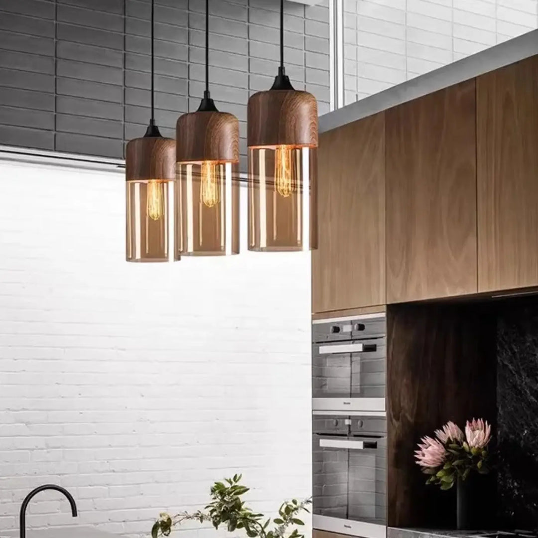 Suspension luminaire en bois foncé, verre et aluminium teinté noir

