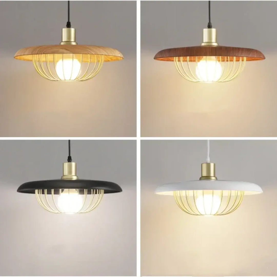 Suspension luminaire en bois et métal doré avec abat-jour rond chic
