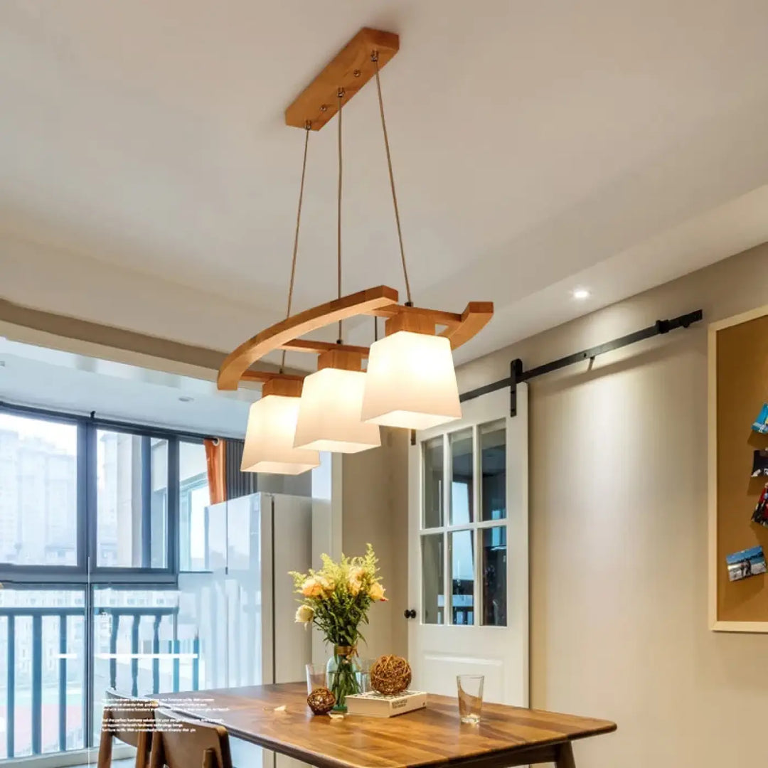 Suspension luminaire bois naturel à lumières blanches épuré