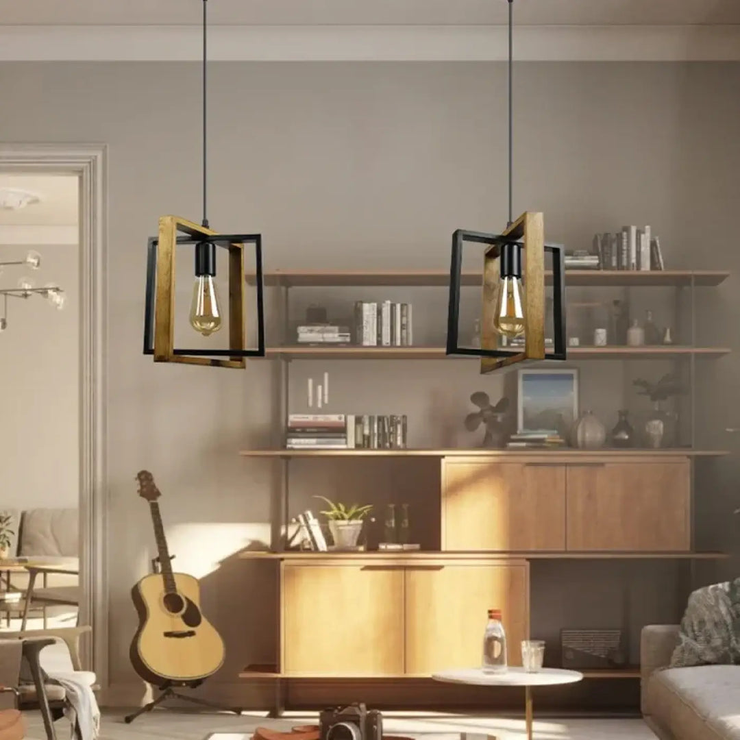 Suspension Luminaire En Bois Au Style Vintage Métal Noir