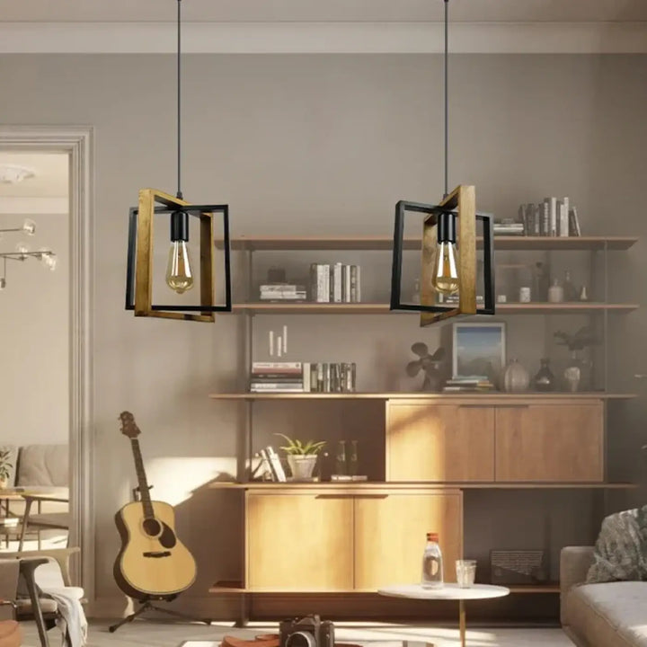 Suspension Luminaire En Bois Au Style Vintage Métal Noir