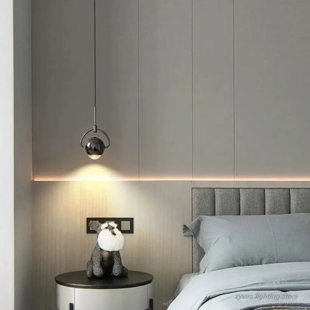 Suspension luminaire orion design luminaire boules avec finition chrome poli et tête sphérique suspendue par cordon noir