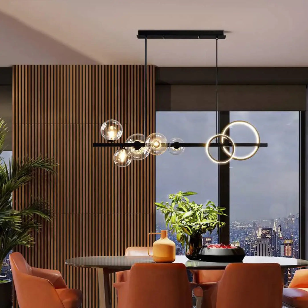 Suspension luminaire avec boules transparentes et 2 cercles en LED

