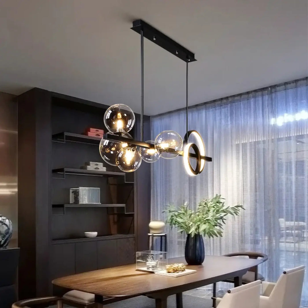 Suspension luminaire avec boules transparentes et 2 cercles en LED

