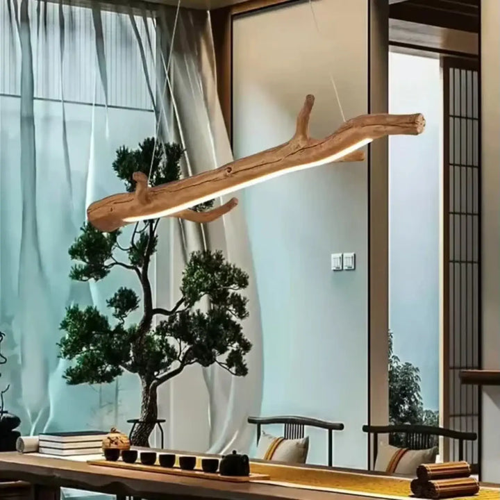 Suspension luminaire branche en bois brut naturel et chic
