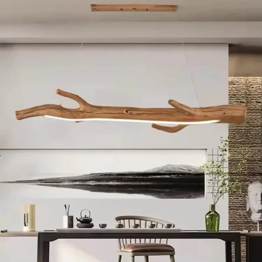 Suspension luminaire branche en bois brut naturel et chic
