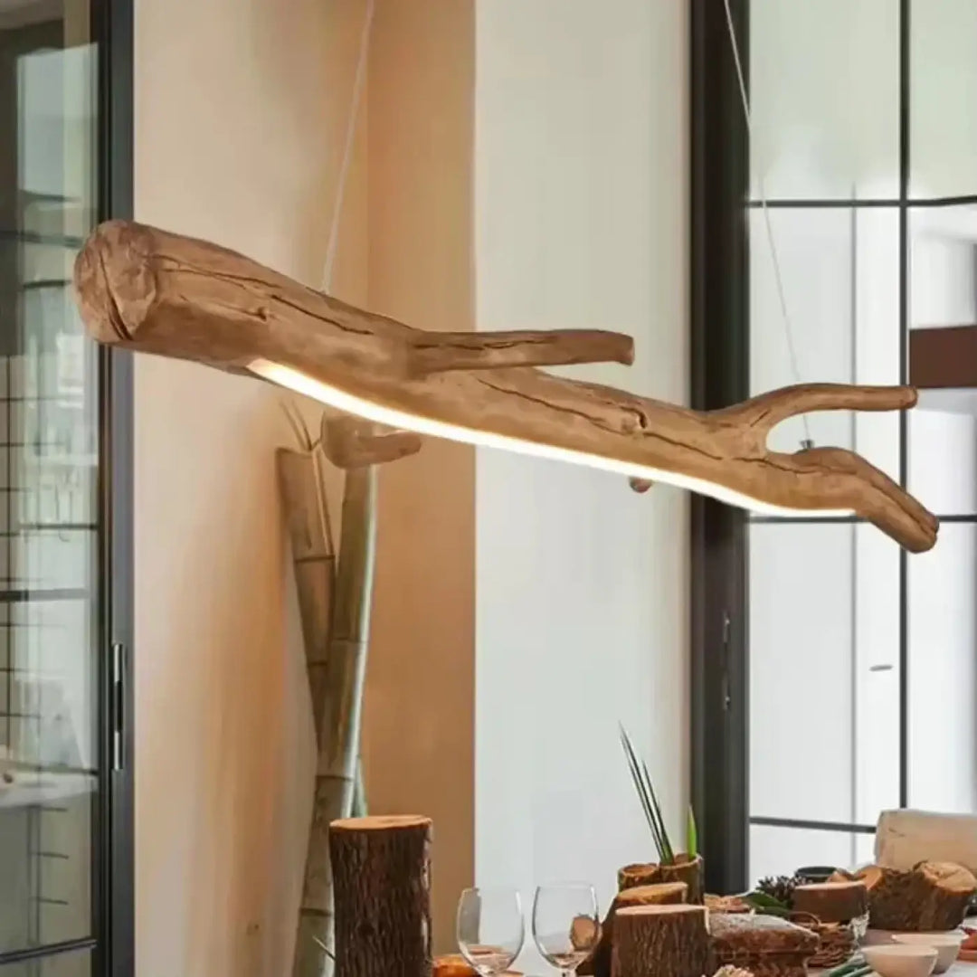 Suspension luminaire branche en bois brut naturel et chic