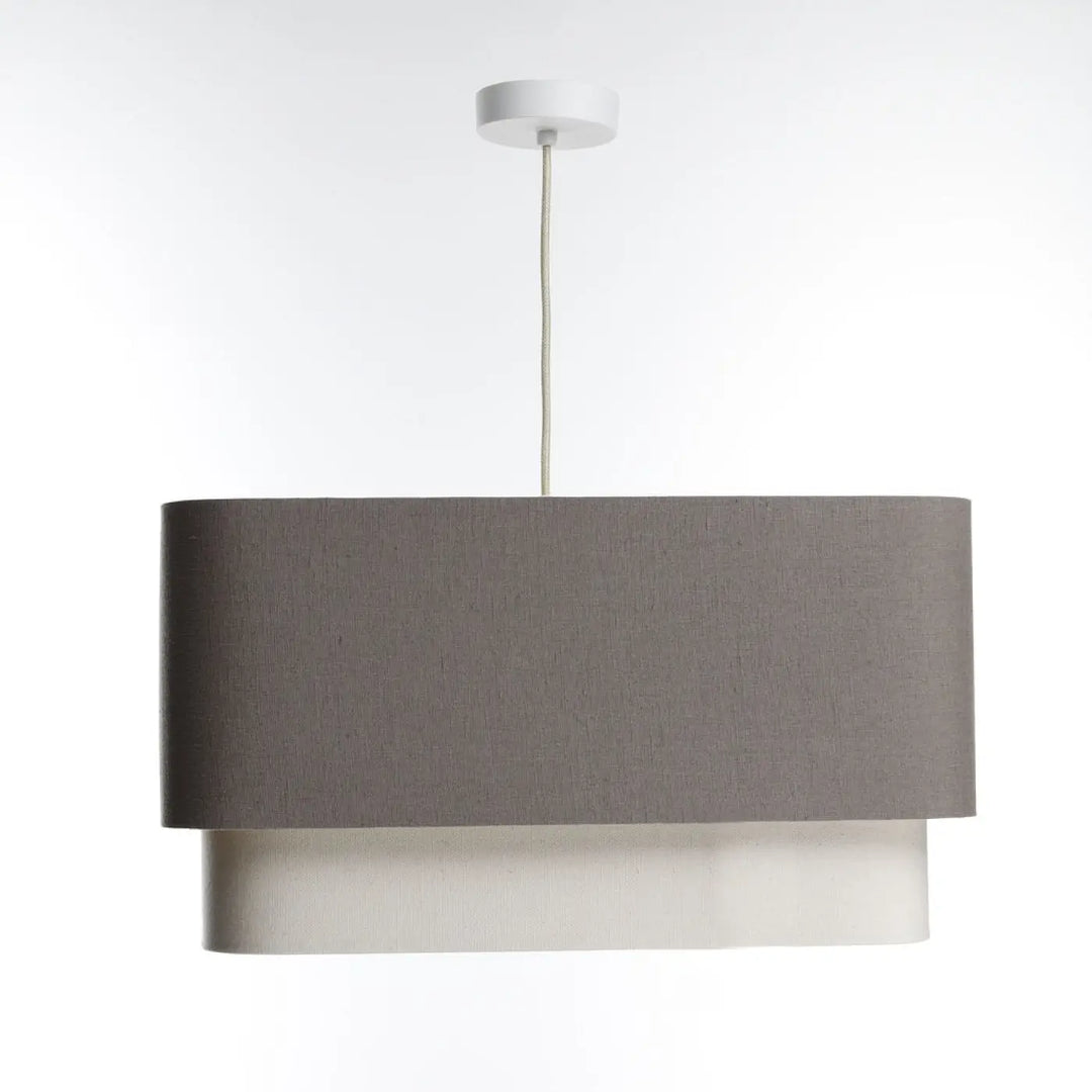 Suspension luminaire kwadro duo marron avec double abat-jour texturé gris charbon et blanc lisse suspendu minimaliste