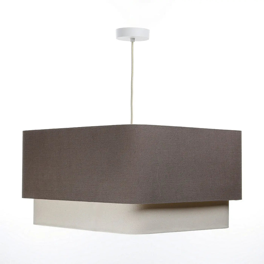 Suspension luminaire kwadro duo marron moderne à deux étages avec abat-jour supérieur texturé gris charbon et tiers inférieur lisse ivoire suspendu par cordon blanc fin