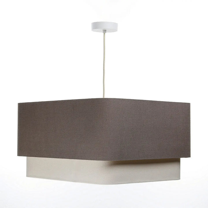 Suspension luminaire kwadro duo marron moderne à deux étages avec abat-jour supérieur texturé gris charbon et tiers inférieur lisse ivoire suspendu par cordon blanc fin
