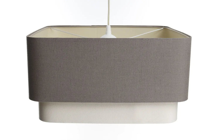 Suspension luminaire kwadro duo marron avec abat-jour rectangulaire en tissu gris texturé et base blanche moderne