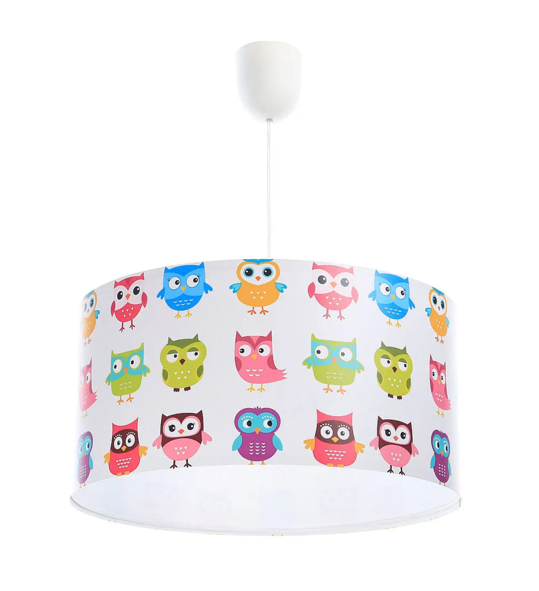 Suspension luminaire chambre enfant en cylindre blanc avec motif ludique de chouettes colorées pour chambre enfant