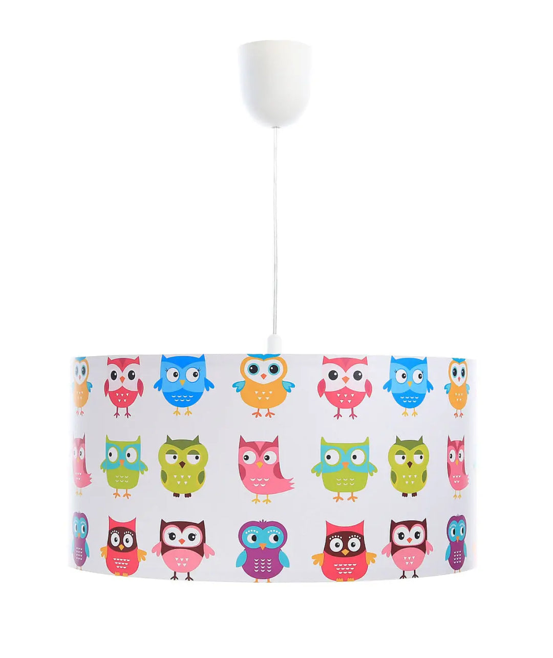 Suspension luminaire chambre enfant avec abat-jour cylindrique blanc orné de chouettes colorées photo kids chouettes