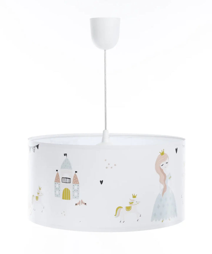 Suspension luminaire chambre fille avec abat-jour cylindrique blanc décor princesse et château en couleurs pastel