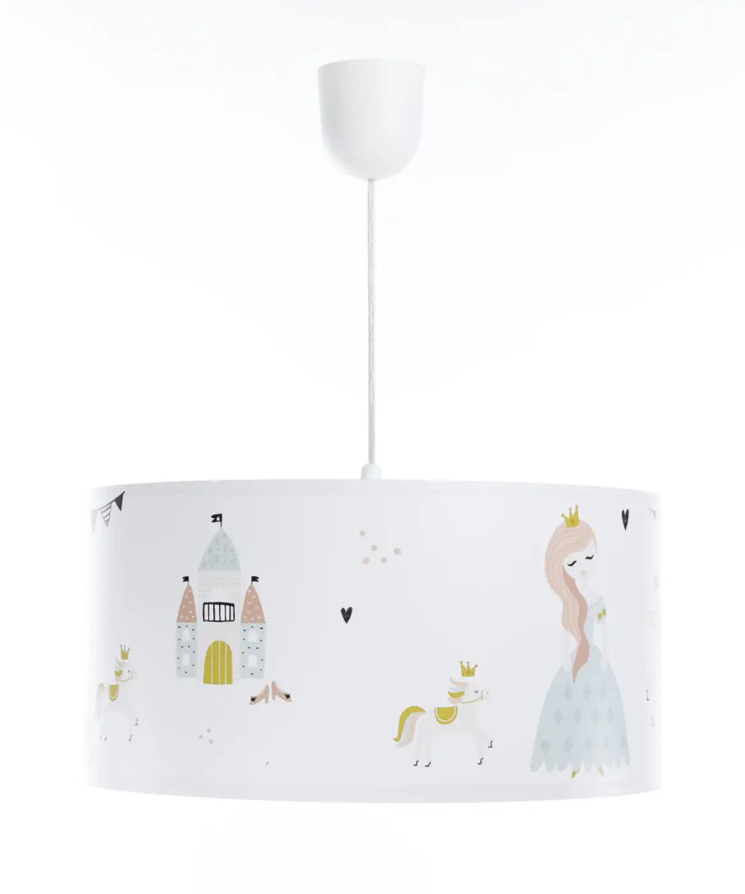 Suspension luminaire chambre avec abat-jour cylindrique blanc décor château de princesse et licorne pastel