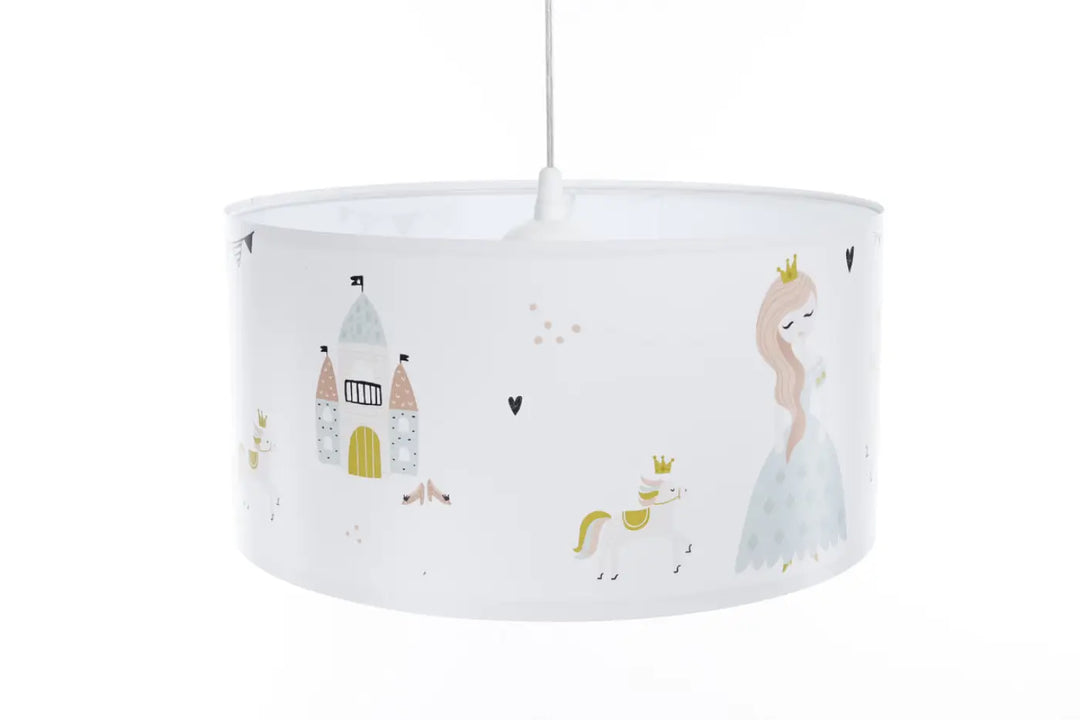 Suspension luminaire chambre avec abat-jour cylindrique blanc décor princesse et château aux couleurs pastel