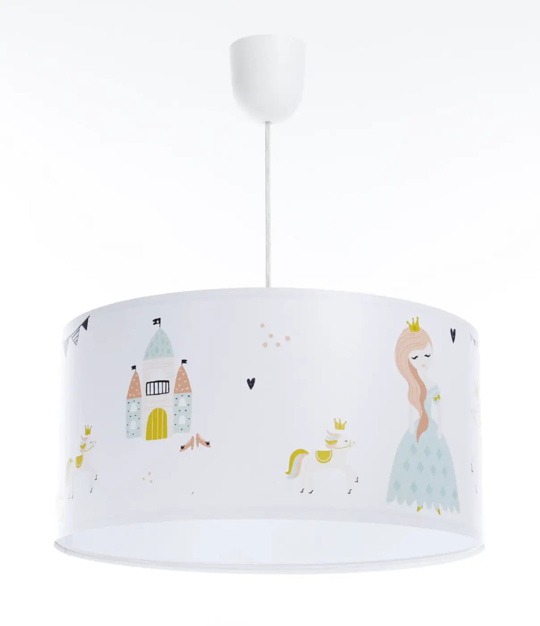 Suspension luminaire chambre blanche avec abat-jour cylindrique décor princesse château et licornes pastel