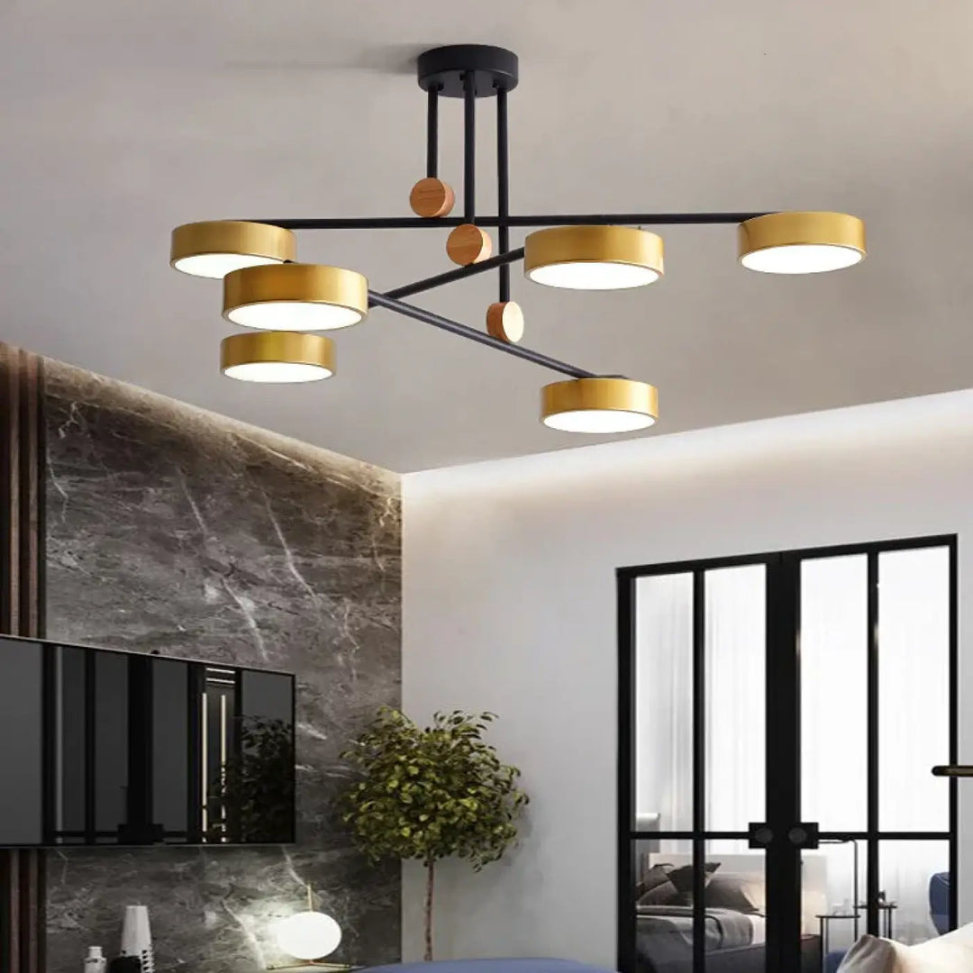 Suspension luminaire chic avec détails en bois et métal pour salon
