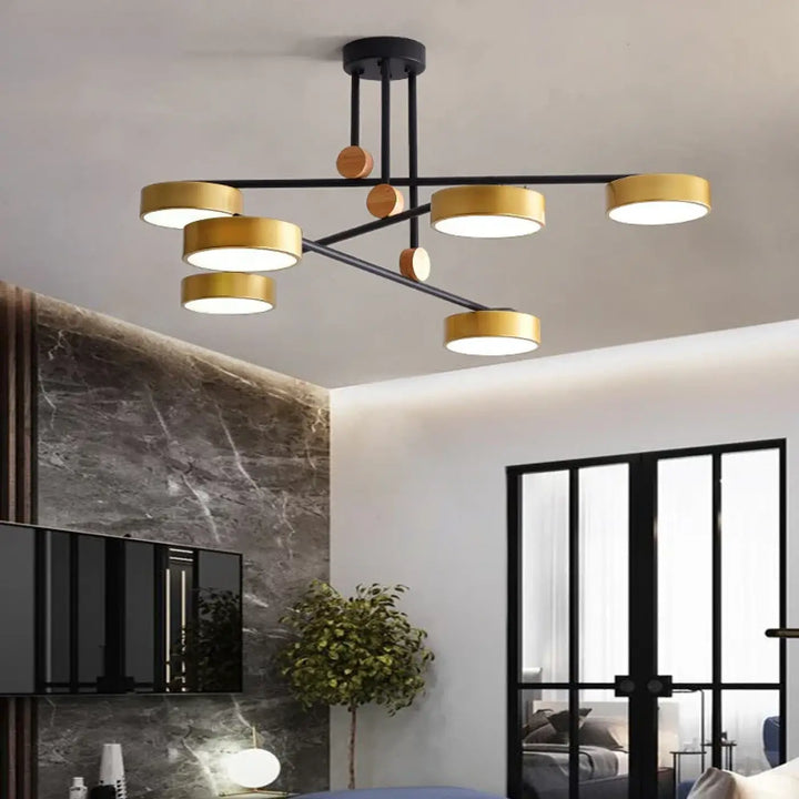 Suspension luminaire chic avec détails en bois et métal pour salon