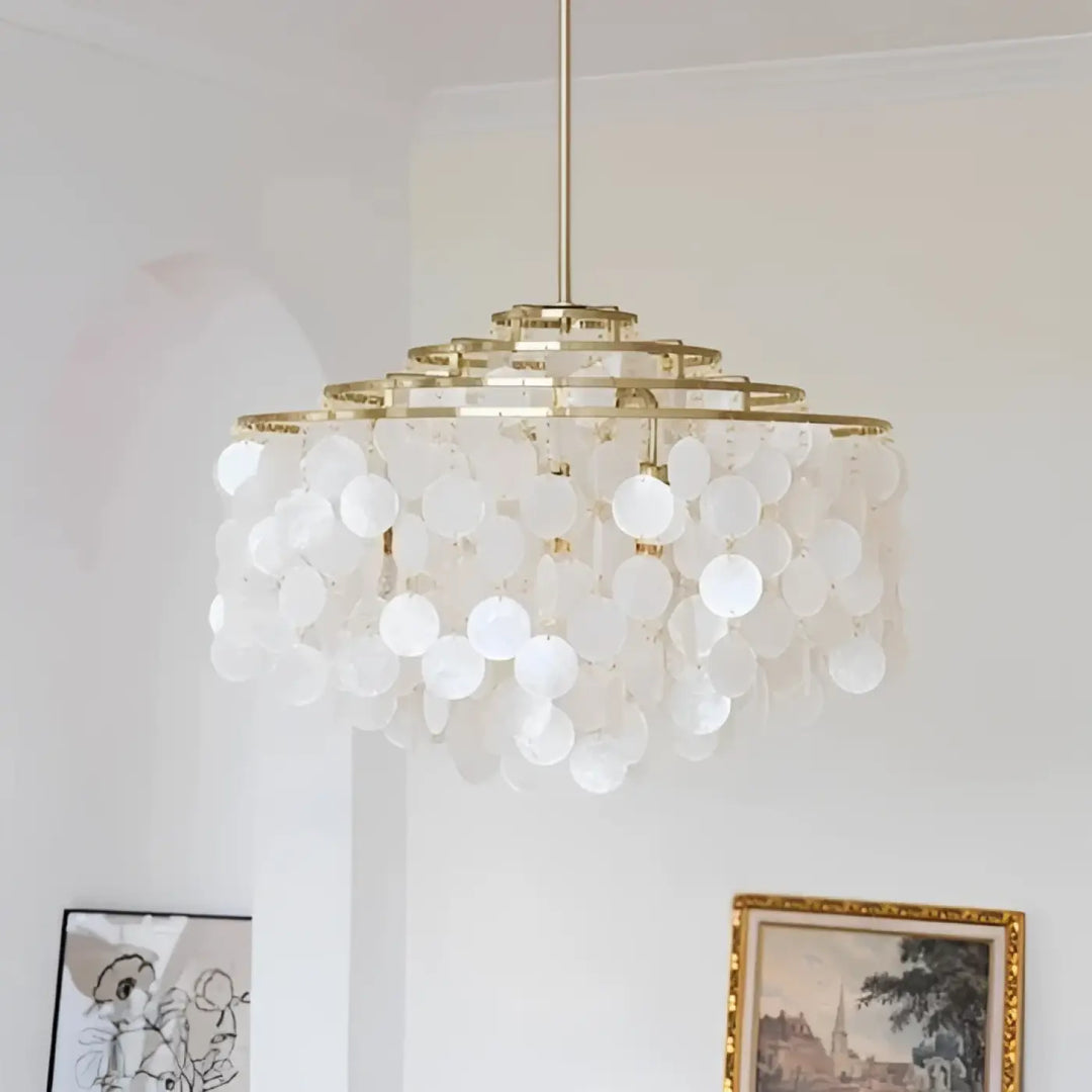Suspension luminaire capizia avec cadre métal doré et coquilles blanches délicates lampe suspendue 90-260v