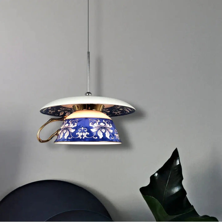 Suspension luminaire chinoise style tasse à fleurs bleues élégante