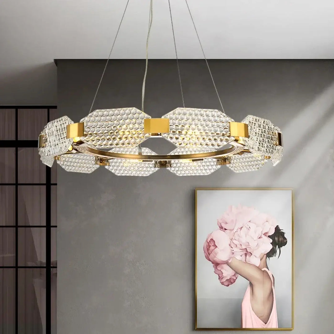 Suspension luminaire circulaire en cristal et laiton luxueux