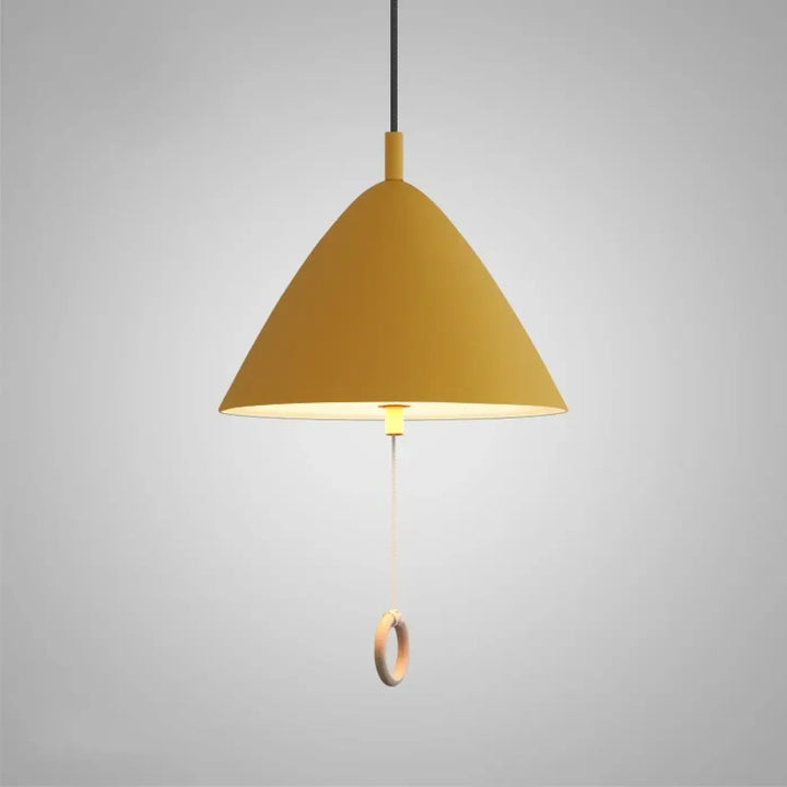 Suspension luminaire conique jaune moderne avec anneau en bois suspendu modele nouriah
