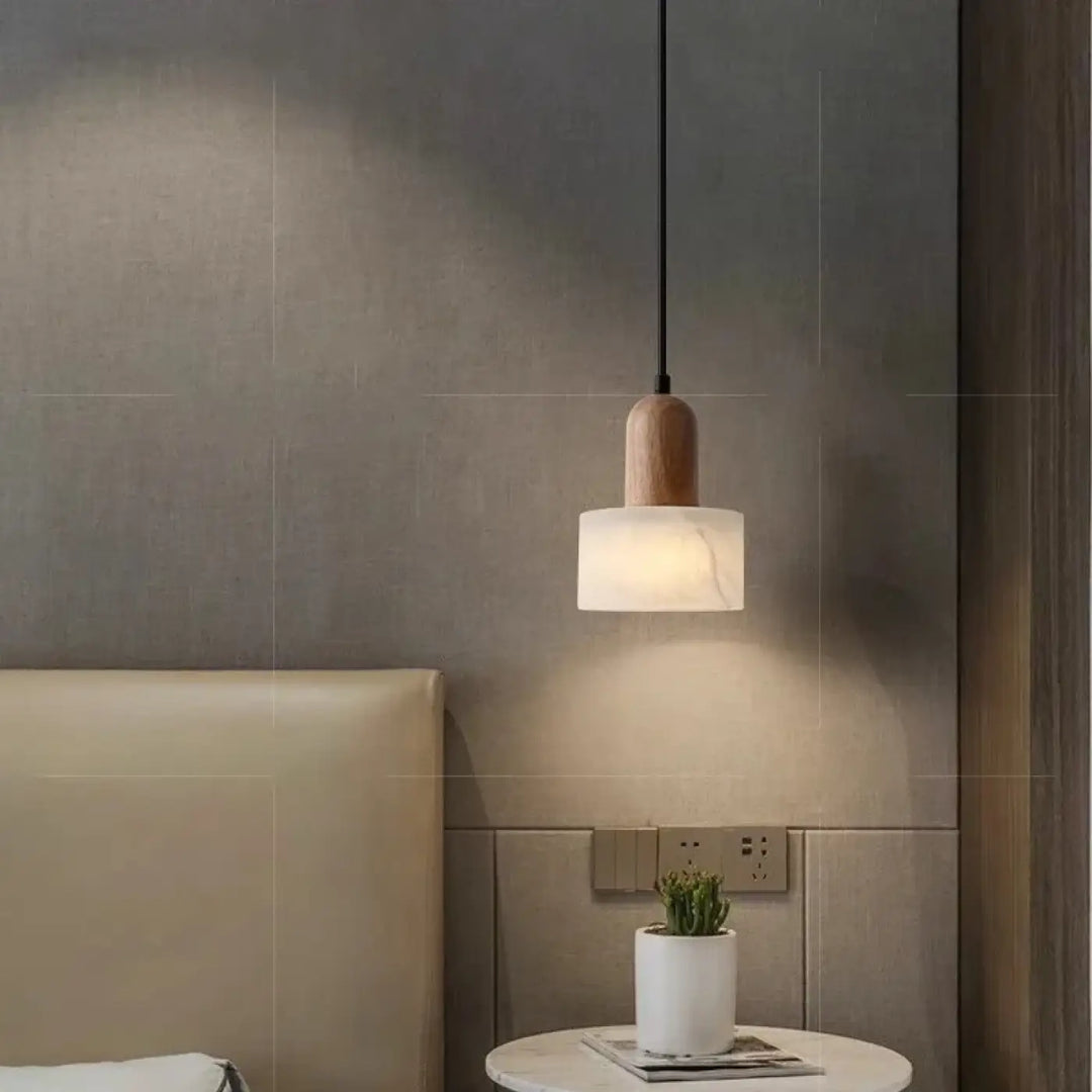 Suspension luminaire contemporain en marbre et en bois naturel