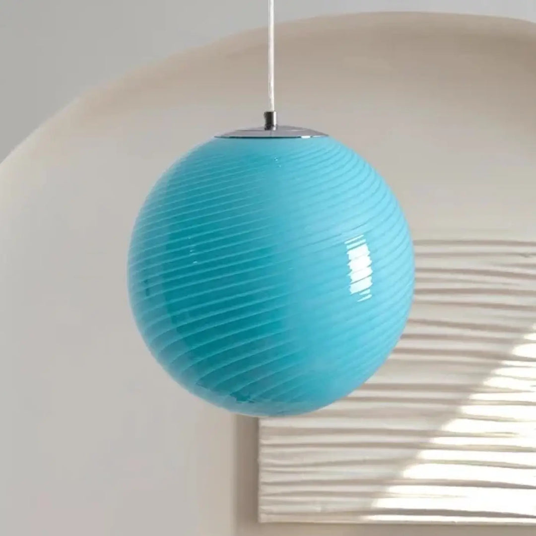 Suspension luminaire contemporaine lolly en verre côtelé turquoise avec fixation chrome élégante et forme sphérique