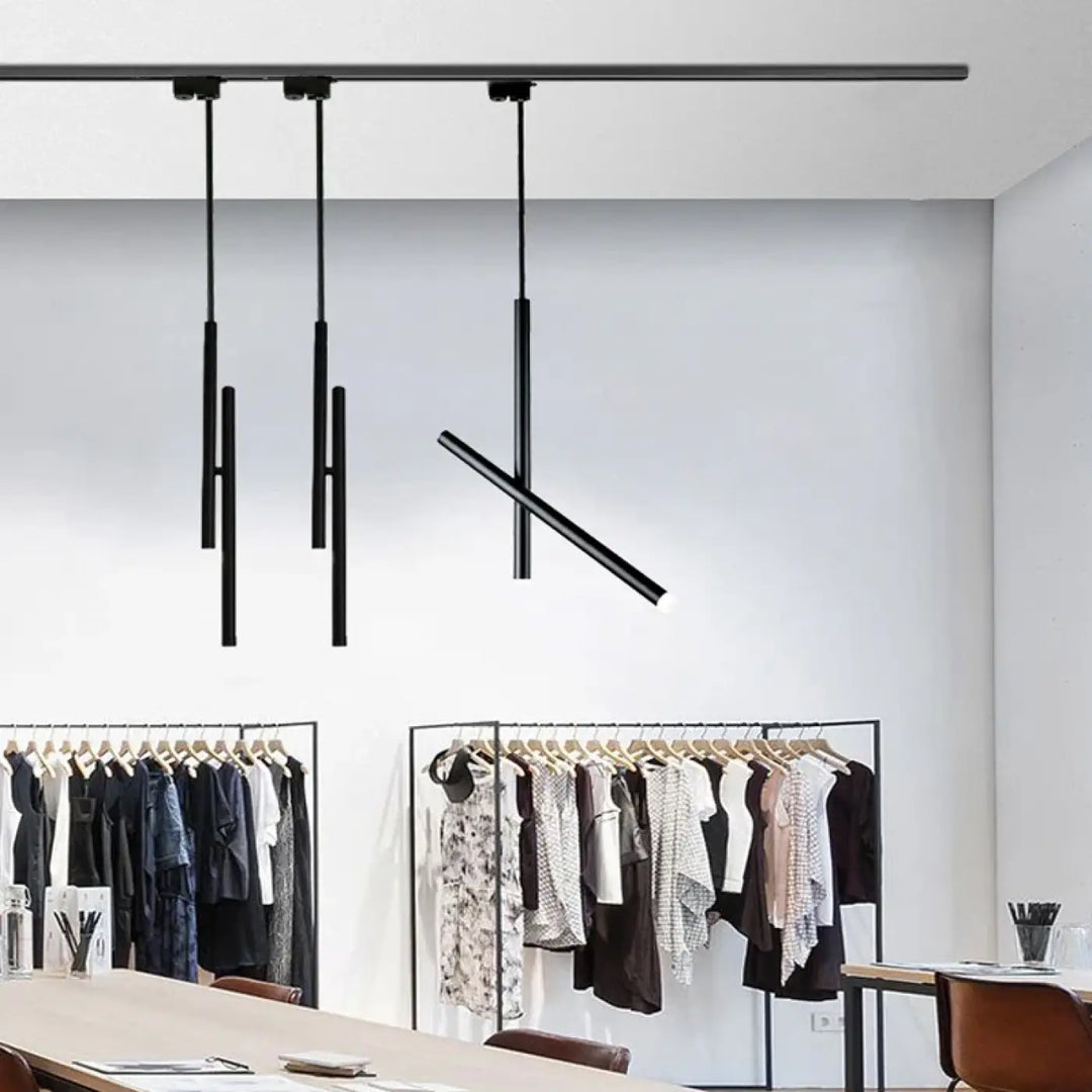 Suspension luminaire contemporaine kryss avec suspensions linéaires noires minimalistes en métal noir