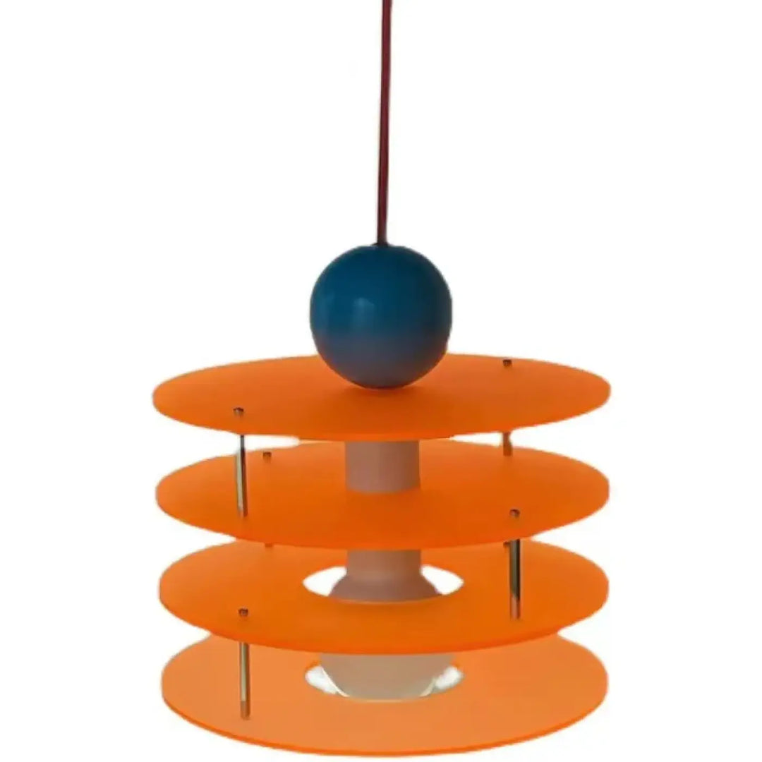Suspension luminaire kellyi contemporaine avec abat-jour orange vif à étages et sommet sphérique bleu brillant