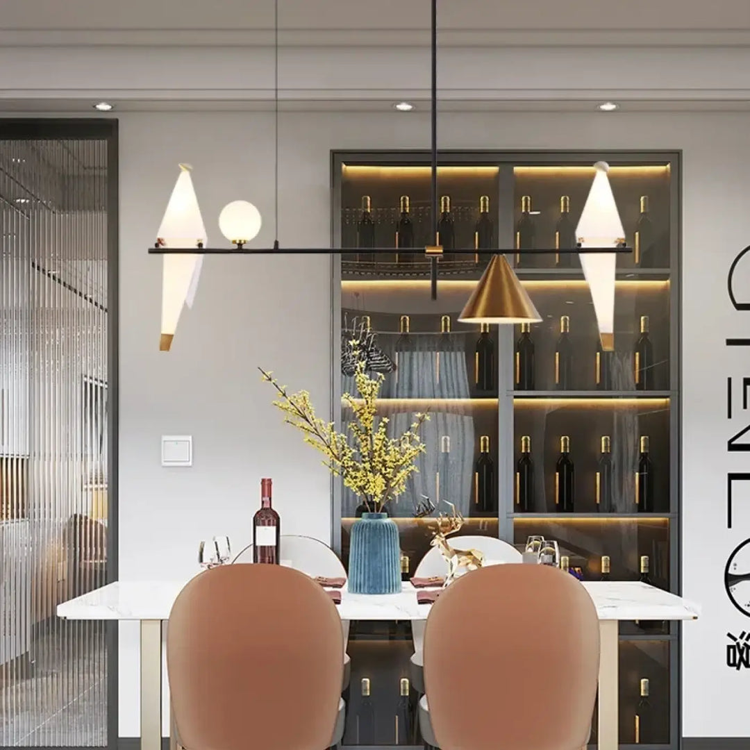 Suspension luminaire contemporaine avec oiseaux lumineux or