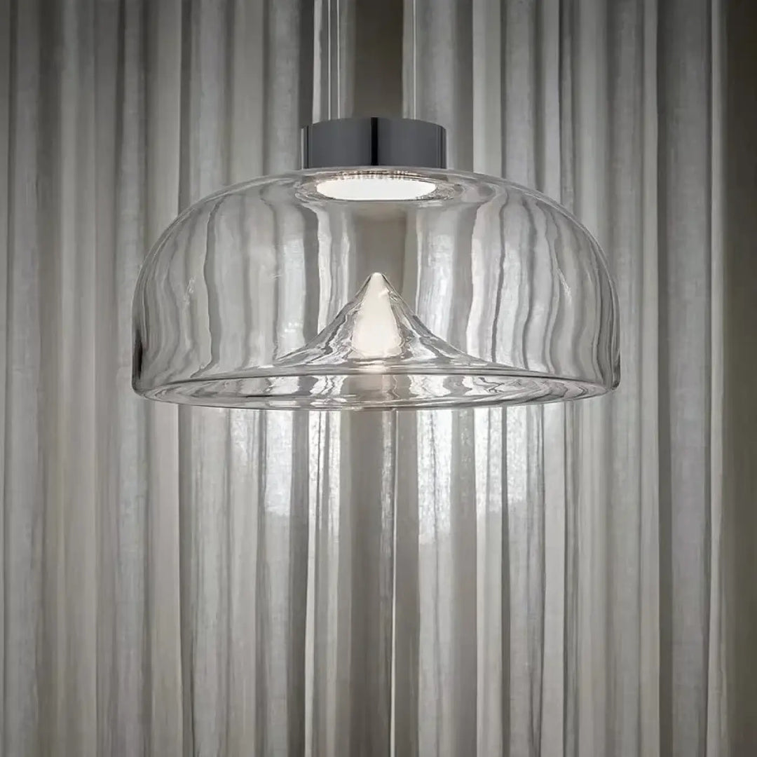 Suspension luminaire eclari en verre transparent avec rainures verticales et fixation chrome élégante