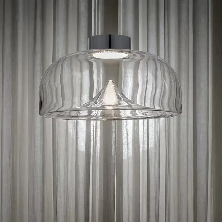 Suspension luminaire eclari en verre transparent avec rainures verticales et fixation chrome élégante