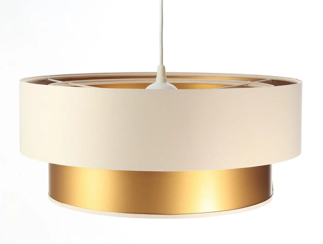 Suspension luminaire crème cylindrique avec base et anneau intérieur métalliques dorés pour éclairage décoratif