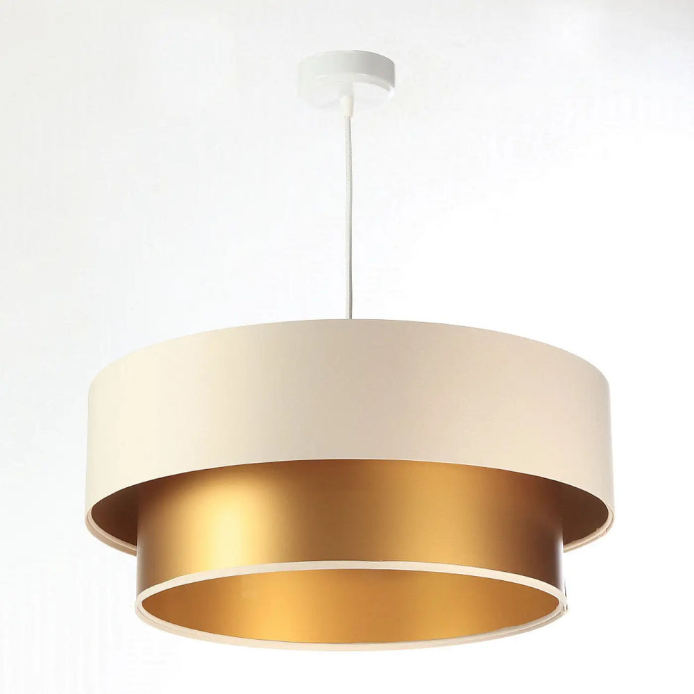Suspension luminaire duo à deux niveaux avec abat-jour crème mat et anneau doré réfléchissant intérieur luminaire crème
