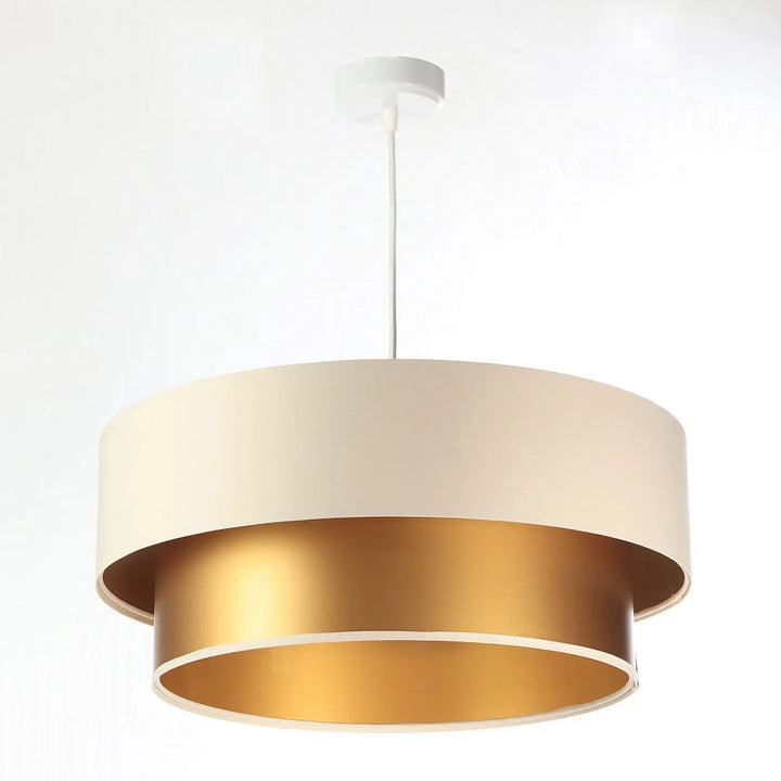 Suspension luminaire duo à deux niveaux avec abat-jour crème mat et anneau doré réfléchissant intérieur luminaire crème