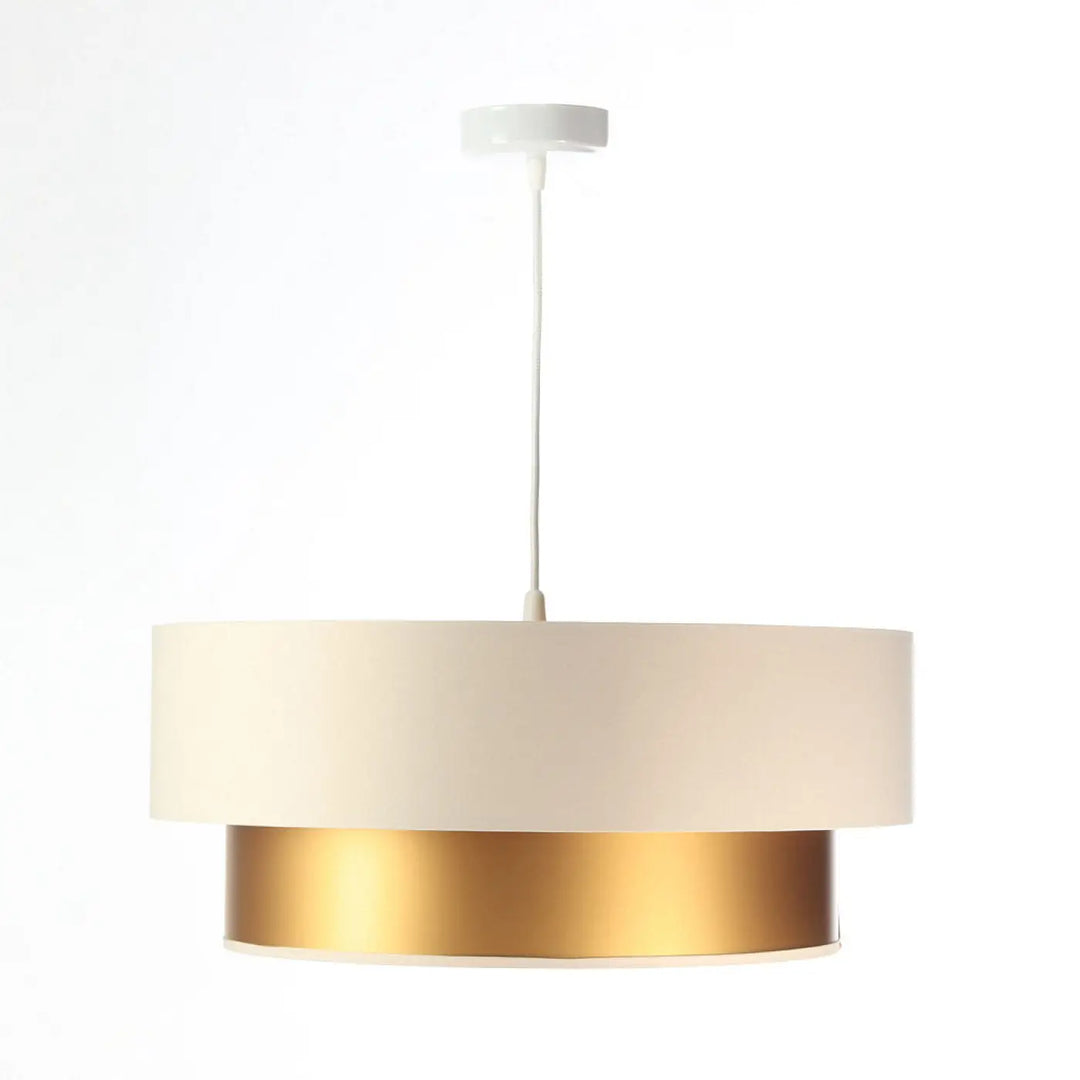 Suspension luminaire duo crème avec double abat-jour en tissu crème et base métallique dorée moderne