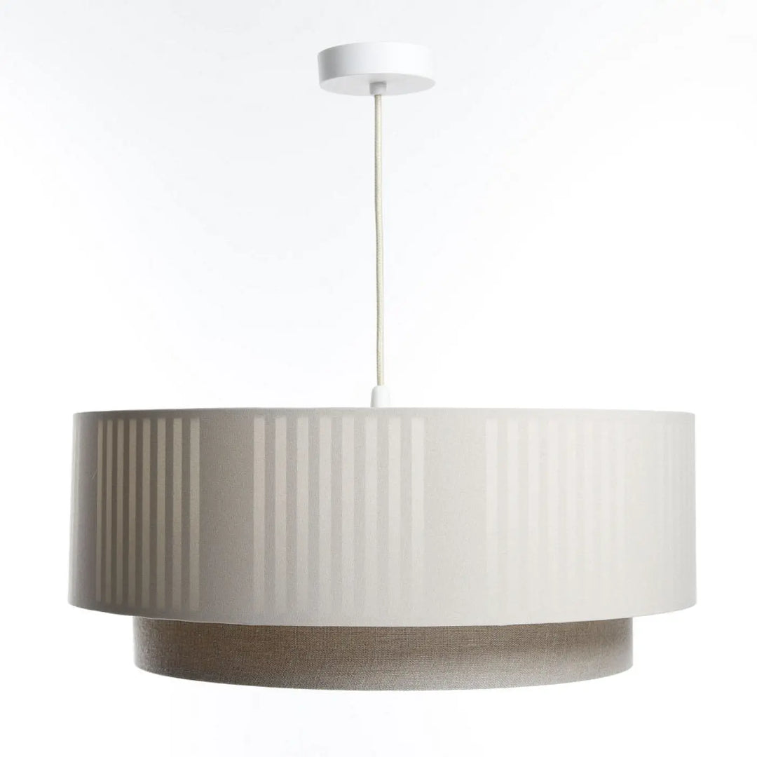 Suspension luminaire duo lami line avec abat-jour texturé crème et tier taupe suspendu par cordon blanc fin