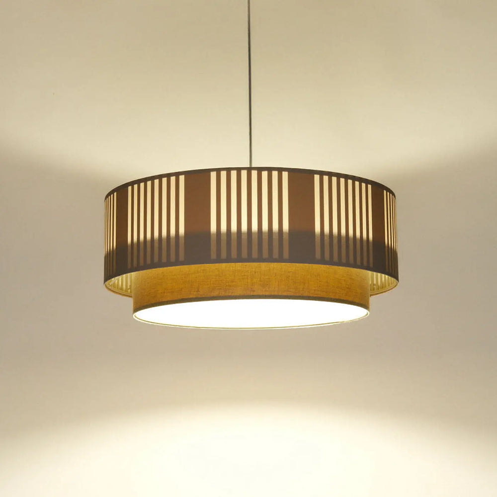 Suspension luminaire crème duo lami line avec abat-jour circulaire en tissu marron foncé et anneau doré intérieur lumineux