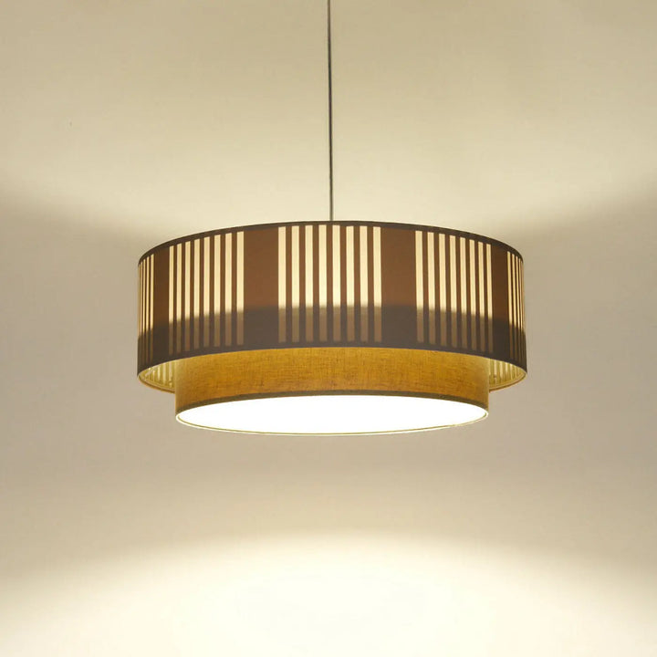 Suspension luminaire crème duo lami line avec abat-jour circulaire en tissu marron foncé et anneau doré intérieur lumineux