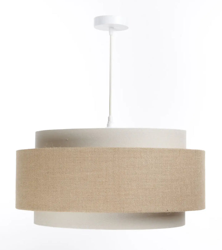 Suspension luminaire doblo boho 50 cm avec abat-jour en lin beige et anneaux en béton blanc effet natural jute