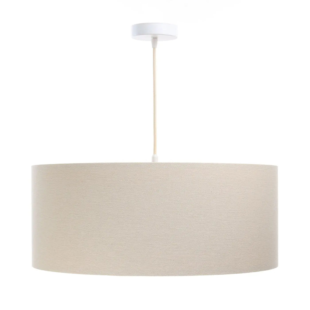 Suspension luminaire crème beige avec abat-jour en tissu texturé cylindrique et fixation plafond blanche